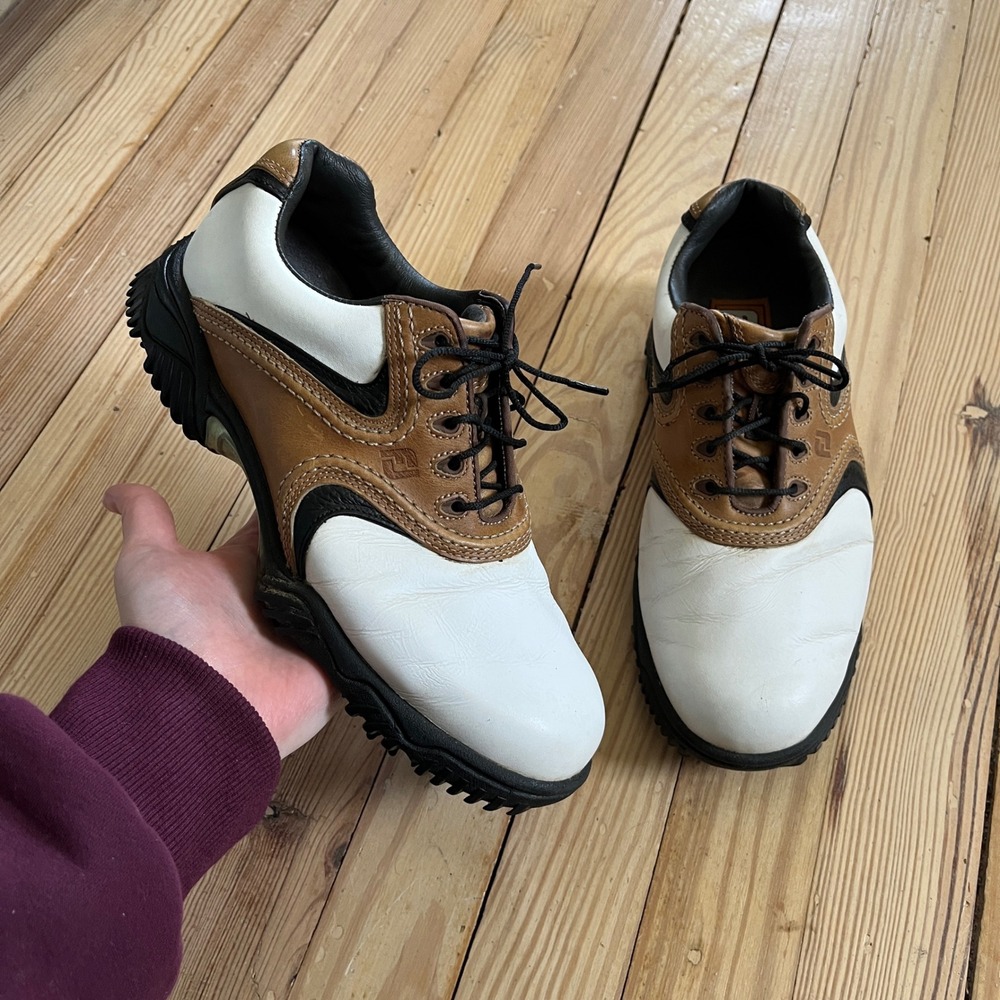 FootJoy Contour Series Mens Golf Shoes 7W White Brown Leather Cleated 54002